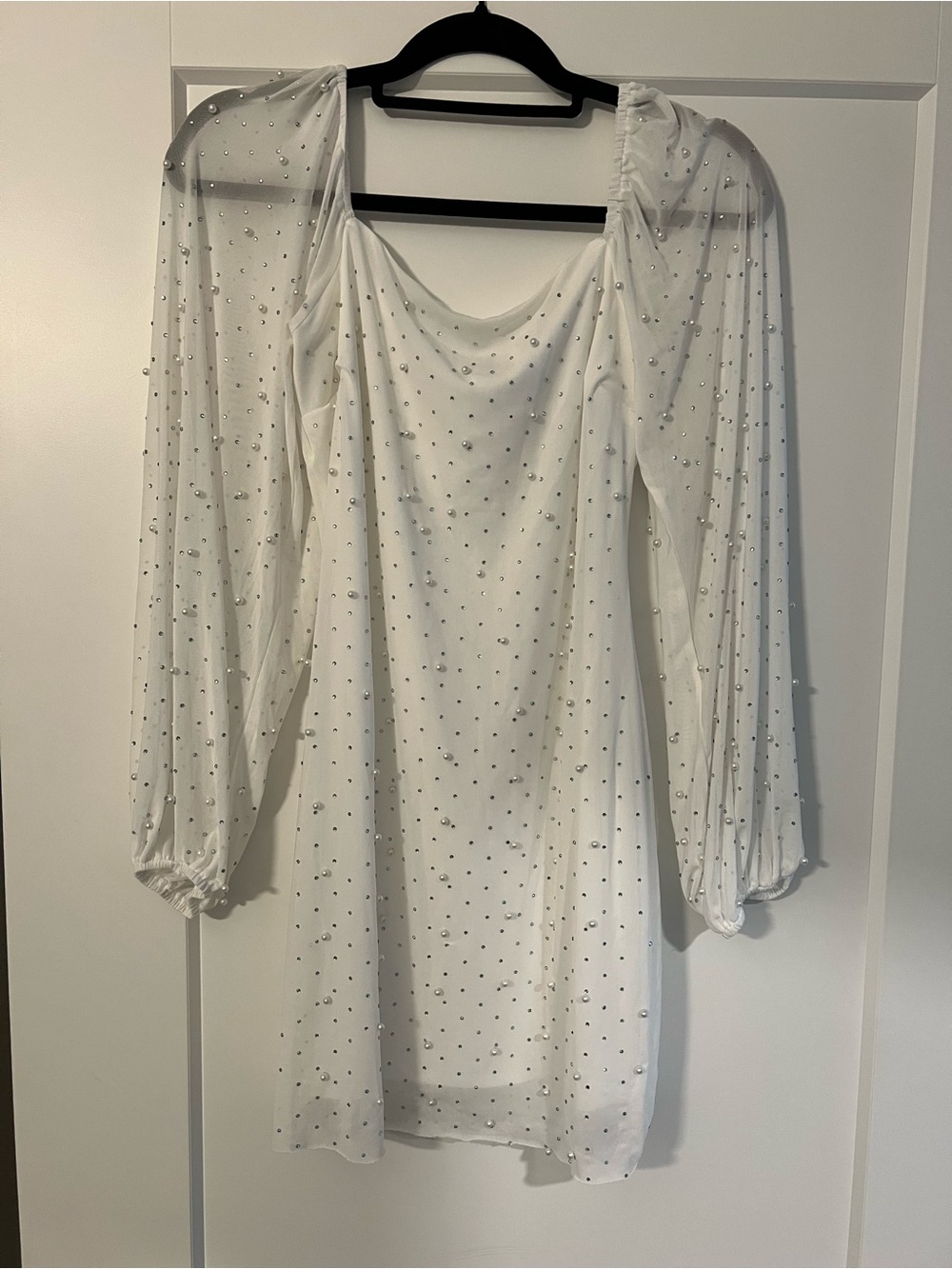 White Embellished Long-Sleeve Mini Dress